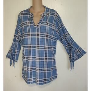 Lildy Blue Plaid Top Tunic LARGE Pullover Split Sleeves 3/4 Very Lightweight